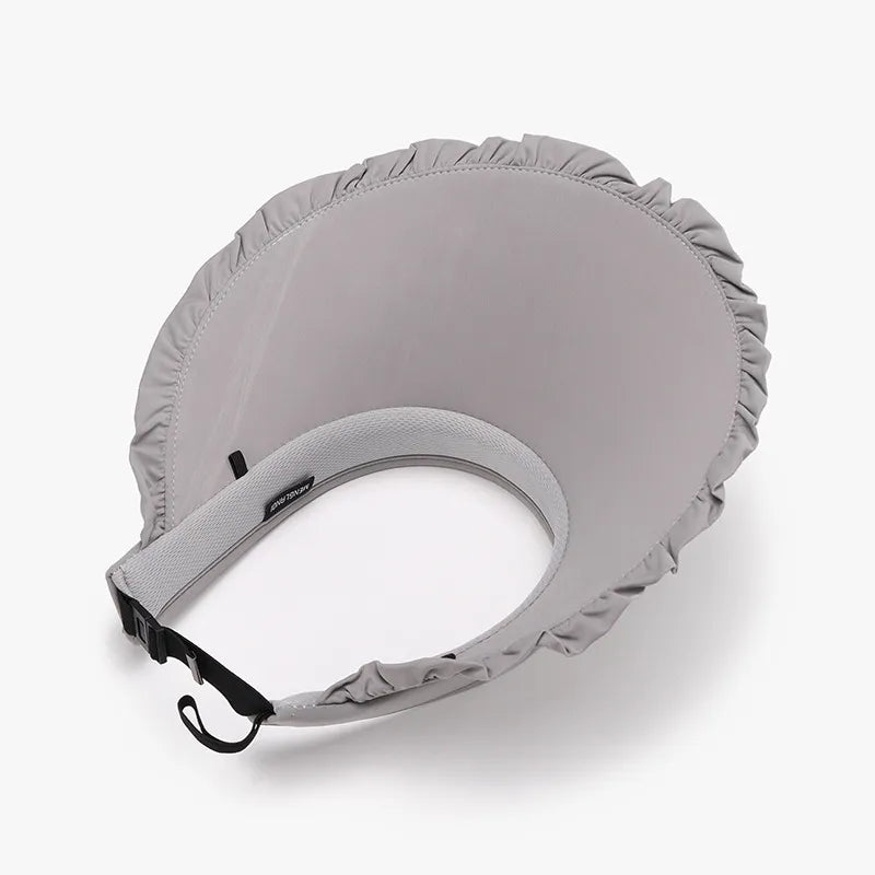 Gray ruffled visor with adjustable drawcord and buckle closure