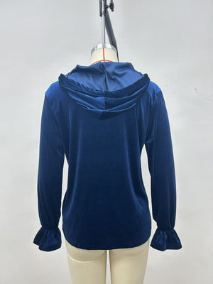 Full Size Velvet Button-Down Hooded Jacket in Peacock Blue