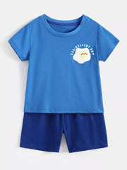 Blue cotton blend toddler t-shirt and shorts set with sunny-side up egg graphic.