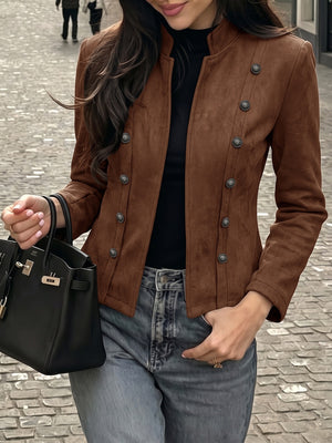 jacket in cognac featuring decorative buttons and fitted fit