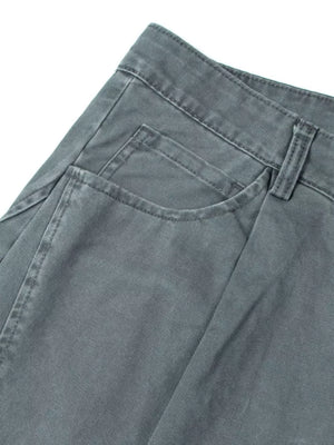 Grey cotton sweatpants with button closure, belt loops, and front pockets.