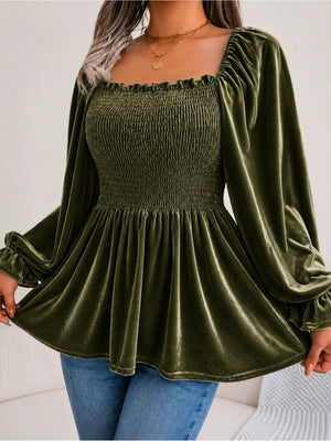 peplum top in olive green featuring ruffled and flared fit