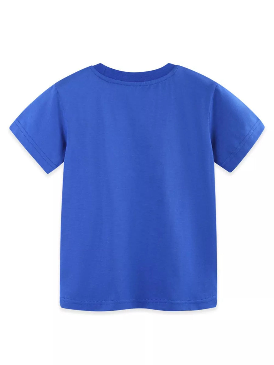 Toddler blue cotton t-shirt with short sleeves and crew neck.