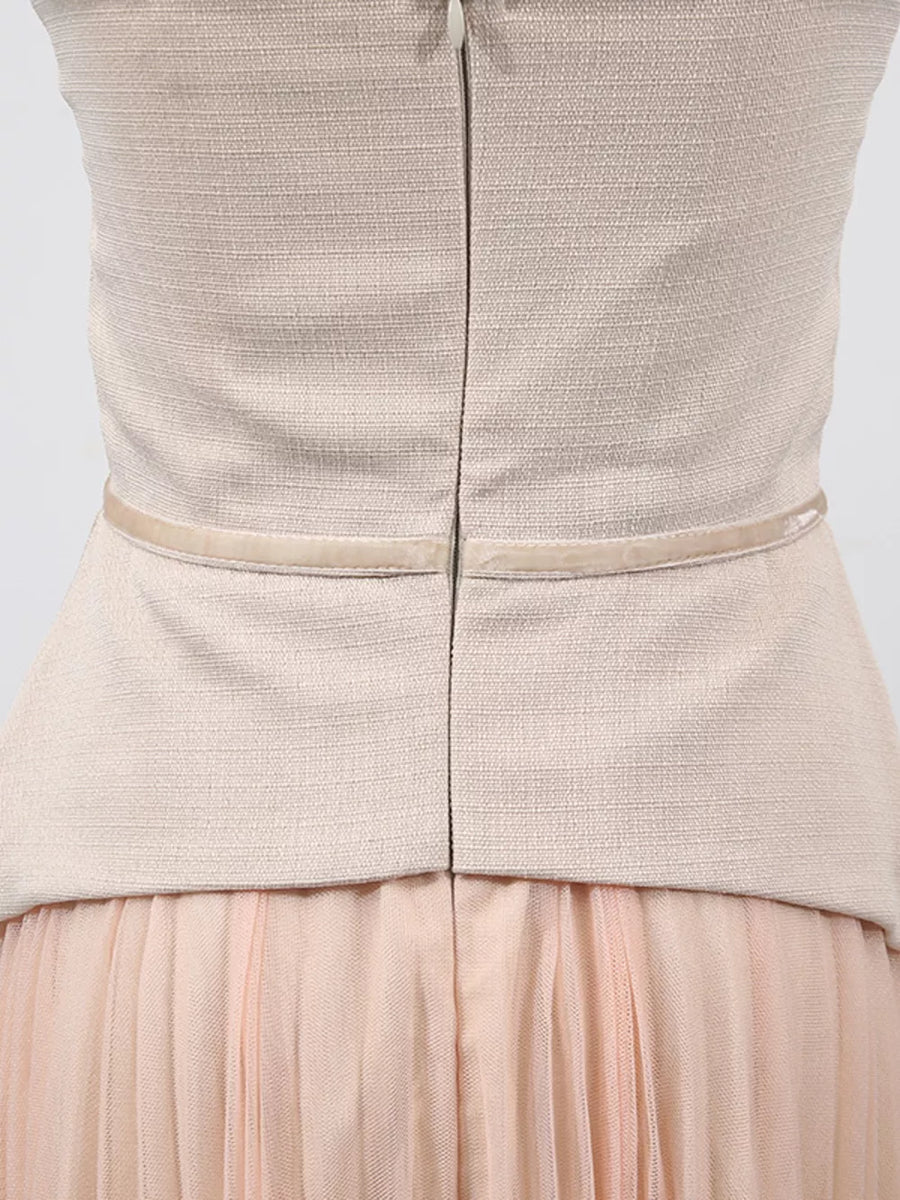 Embroidered tulle midi dress with sheer sleeves in beige and pink, featuring a textured bodice and pleated skirt.
