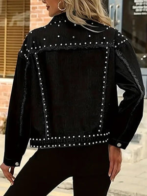black denim jacket with hip-length and button-front