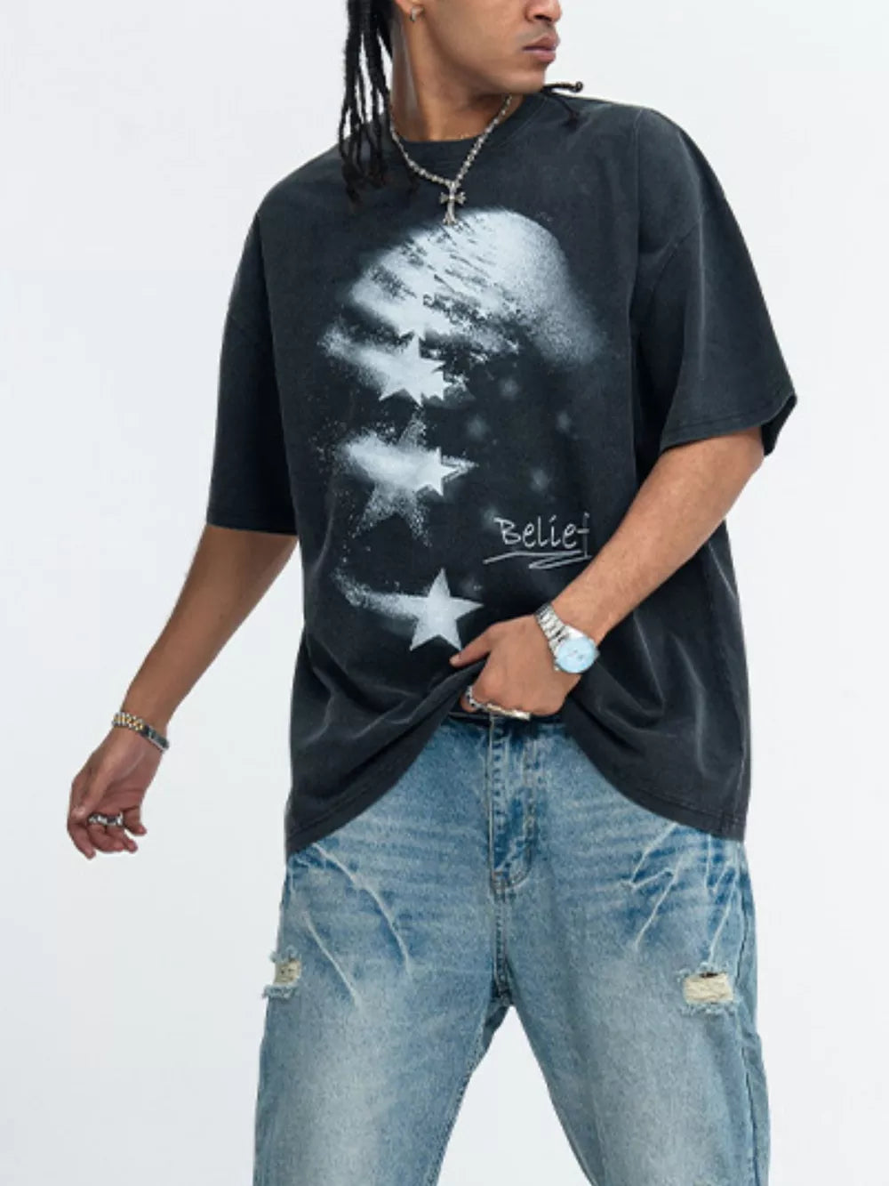 Men's charcoal graphic t-shirt with star print and round neck.