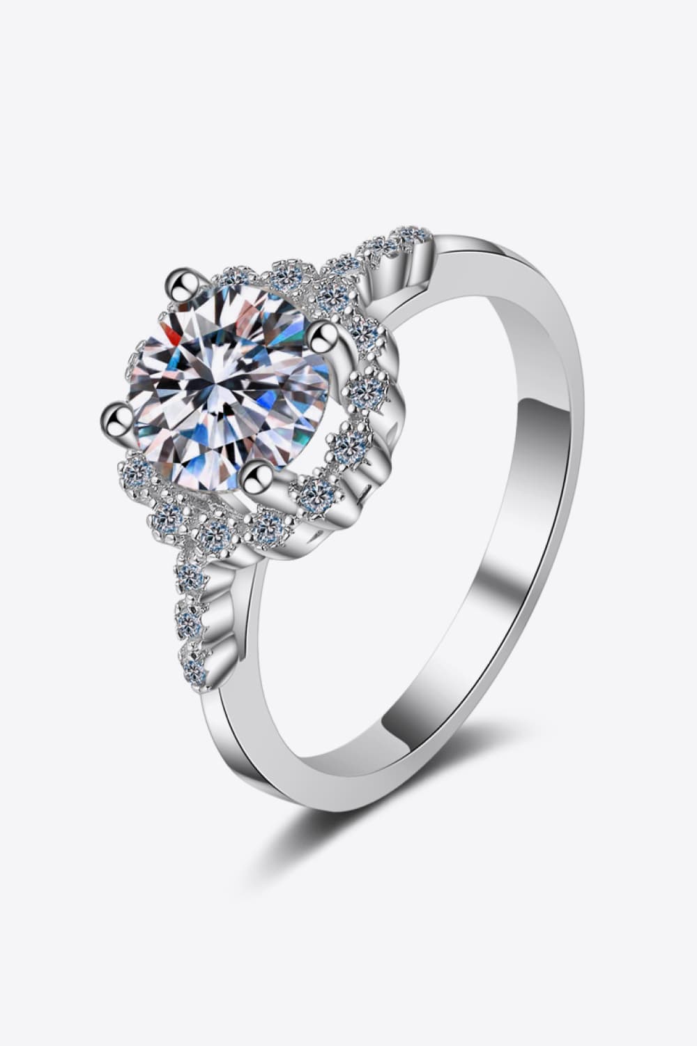 Silver halo cluster moissanite engagement ring with pave band