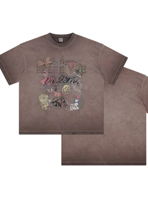 Mocha vintage wash graphic tee with distressed graffiti print and crew neck.