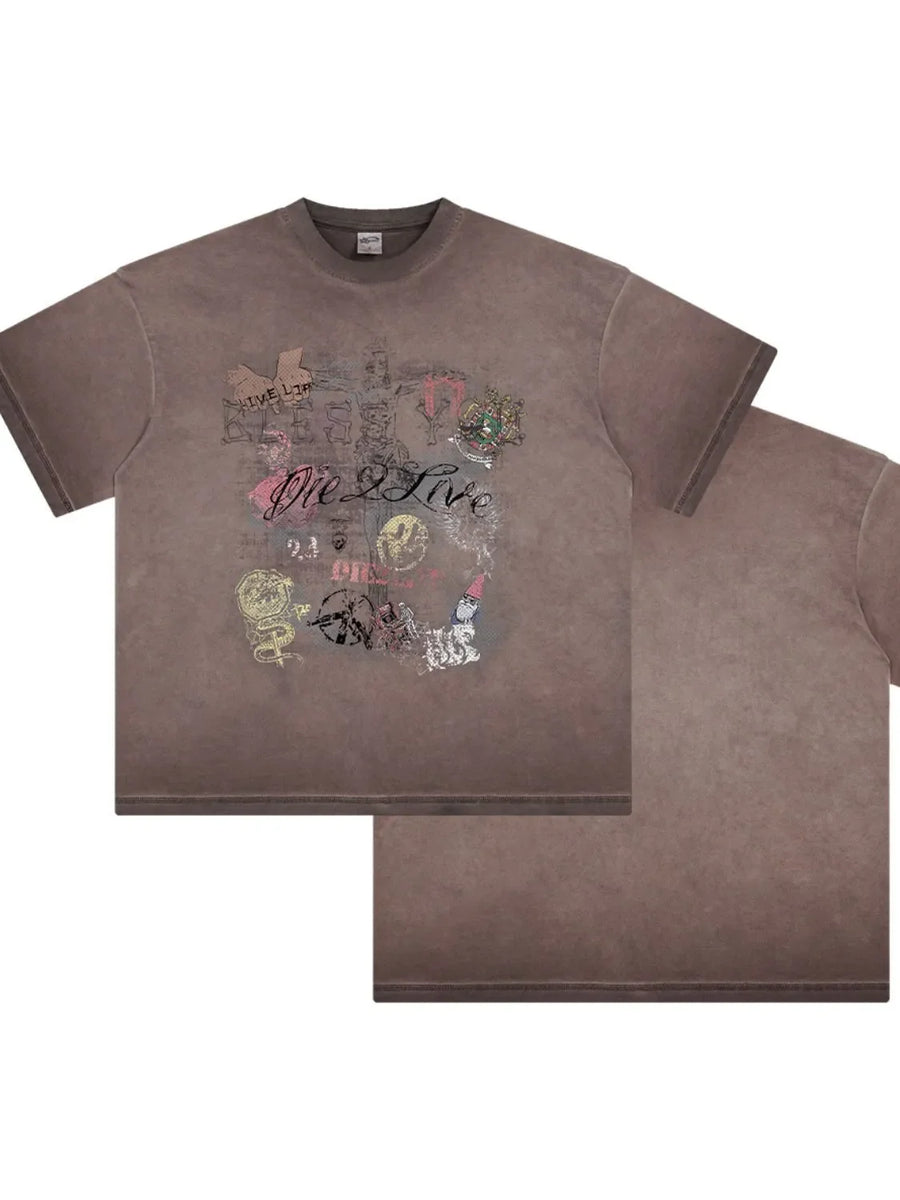 Mocha vintage wash graphic tee with distressed graffiti print and crew neck.