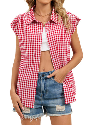 Blue Plaid Button Up Cap Sleeve Shirt
