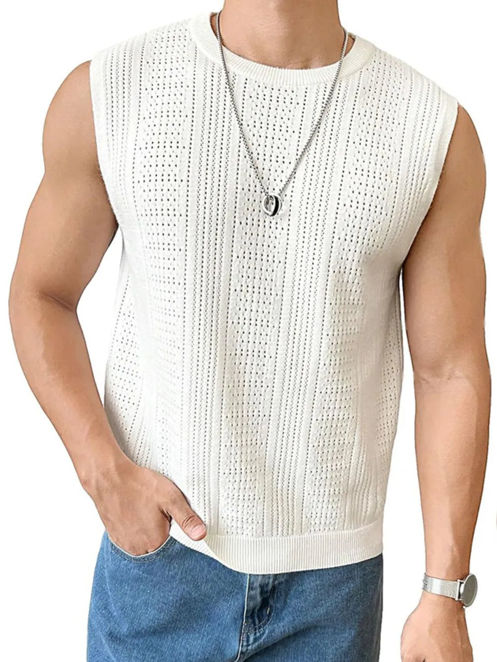 White textured knit sleeveless tank top with a crew neck and open weave pattern.