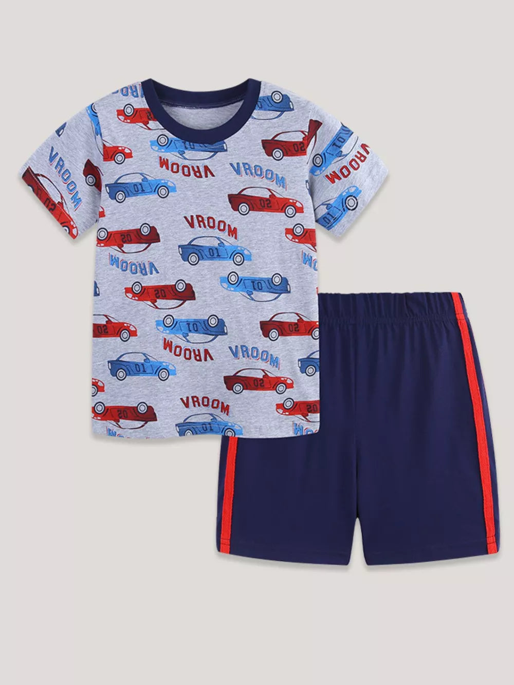 Kids grey short sleeve t-shirt and navy shorts set with car print and red stripe detail
