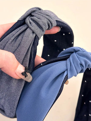 Denim knot headband with crystal detail in medium and dark gray