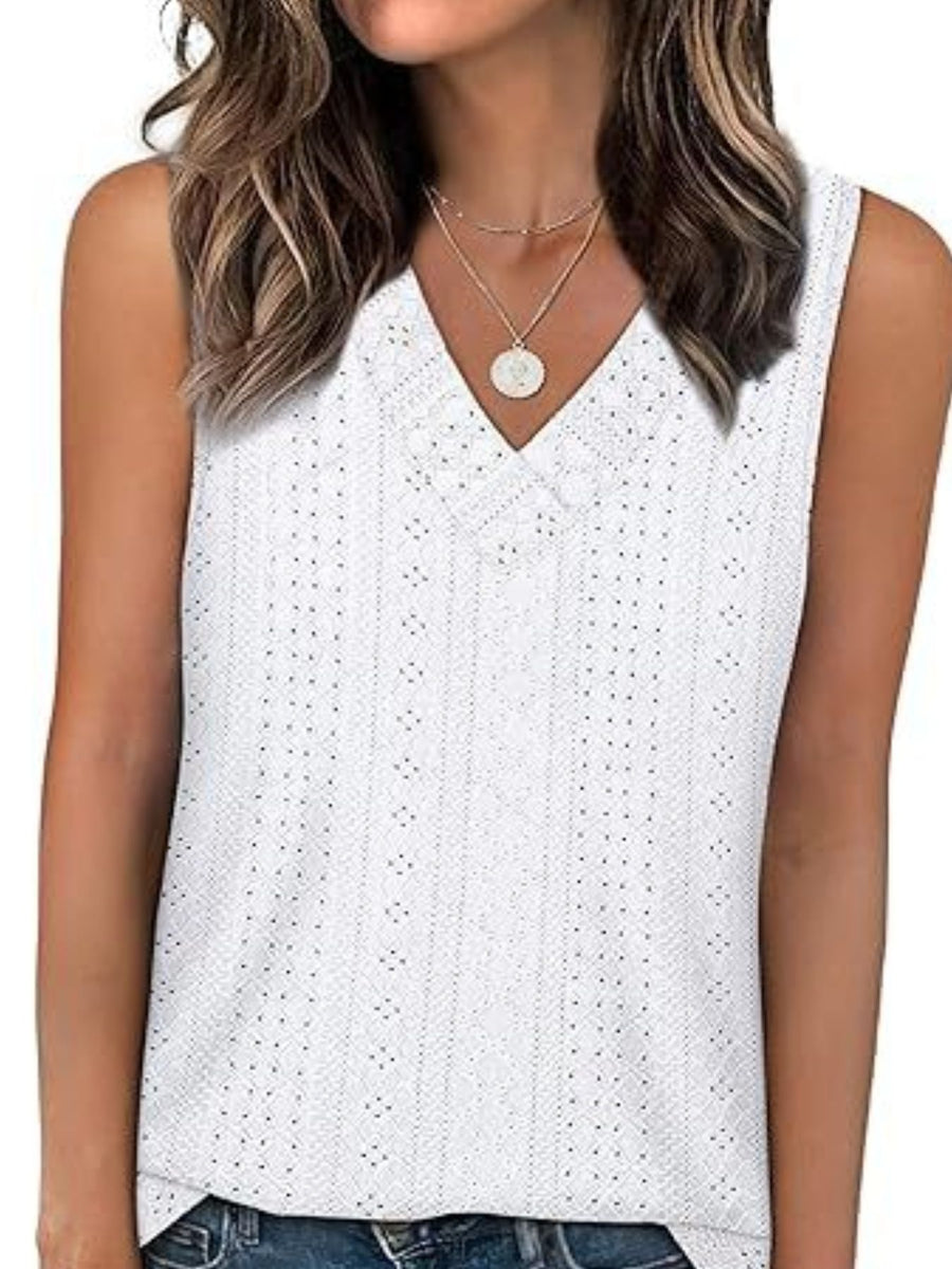 White eyelet V-neck sleeveless tank top with a textured pattern.