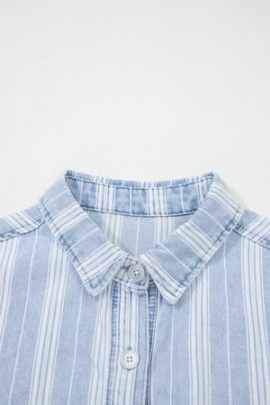 Denim shacket with vertical white stripes, button-down collar, and button closure.