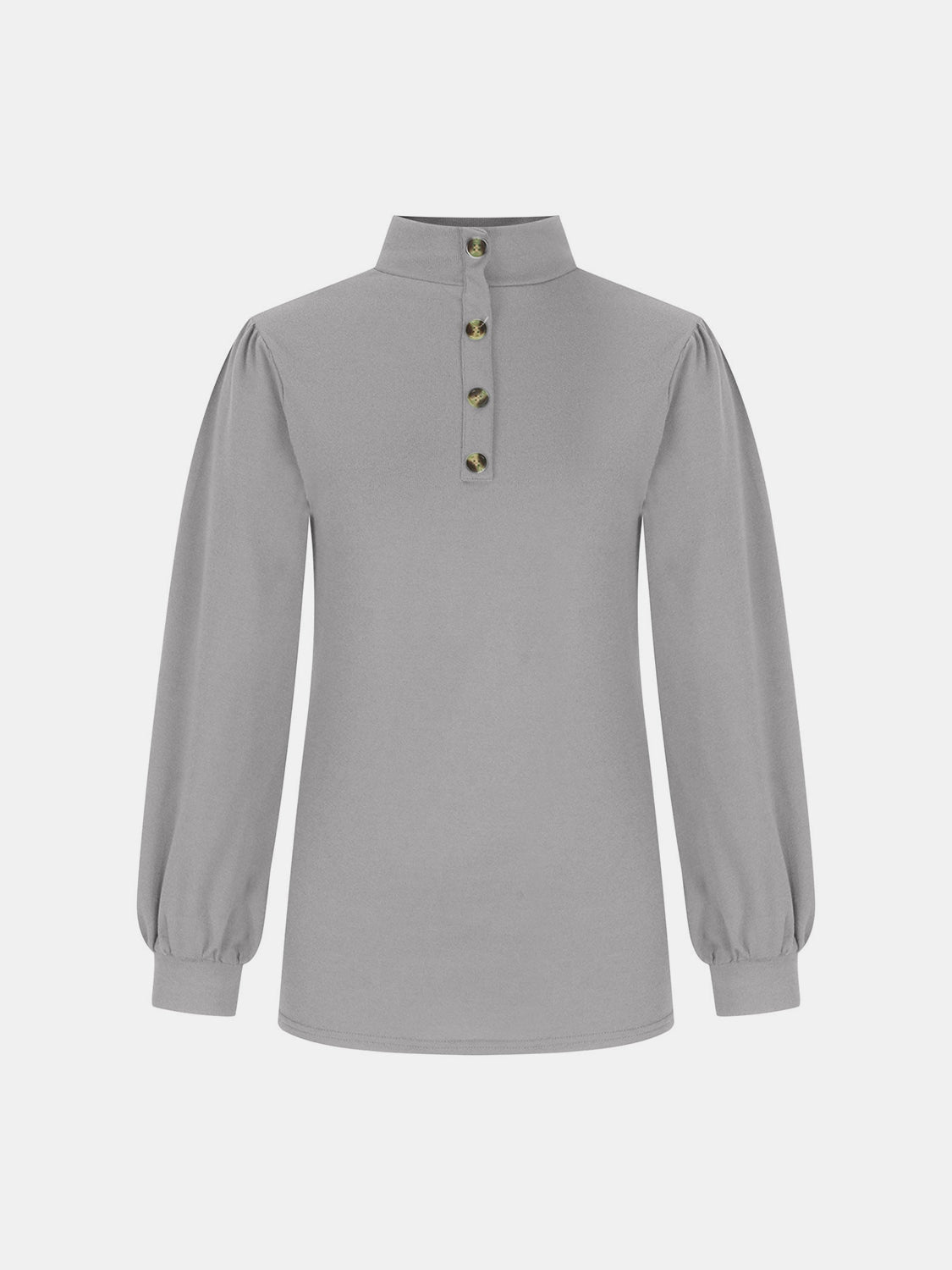 Gray mock neck top with button back and puff sleeves
