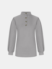Gray mock neck top with button back and puff sleeves