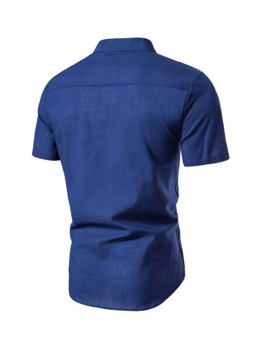 Men's navy blue cotton short sleeve buttoned shirt with mandarin collar and curved hem