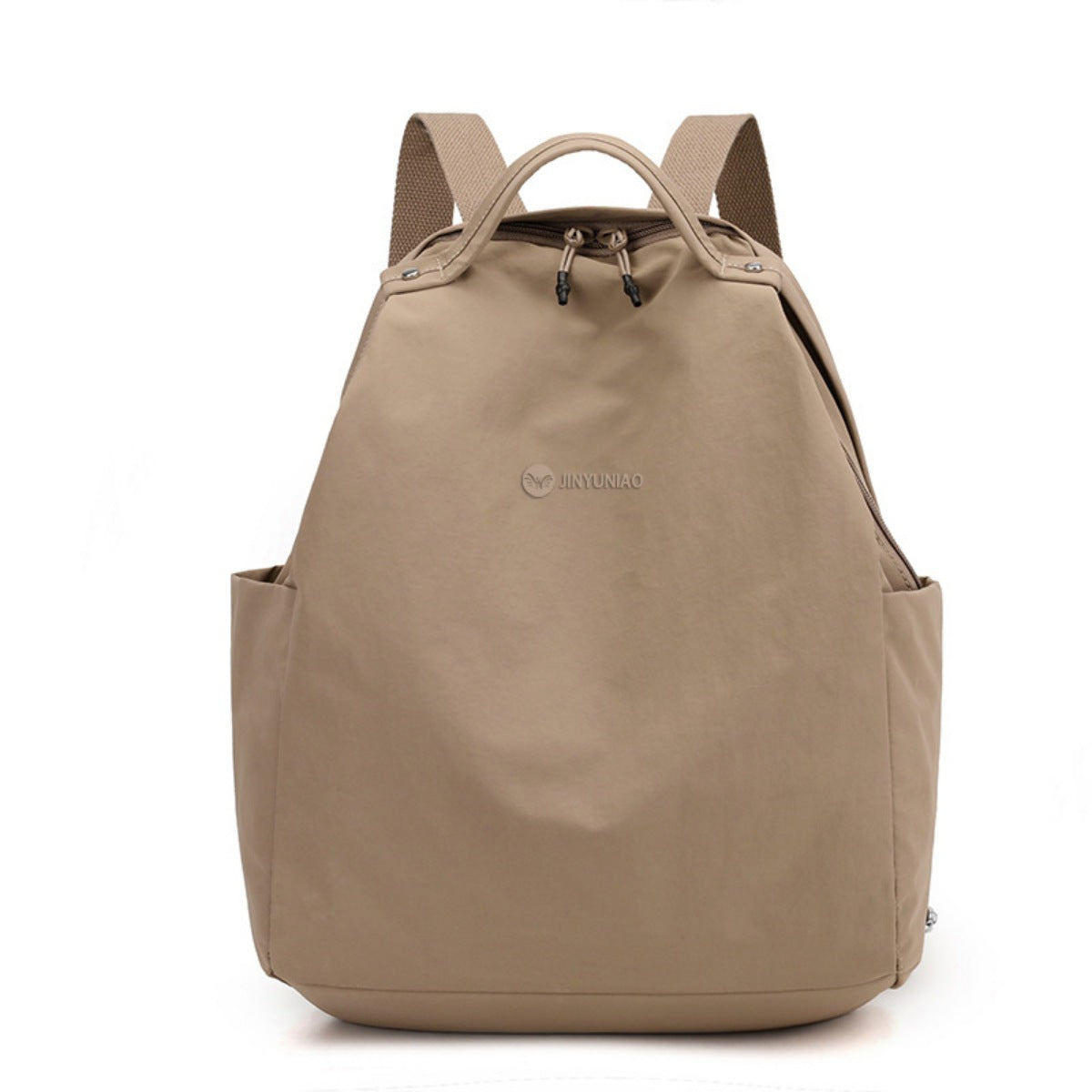 Medium nylon backpack in light brown with dual zip closure and side pockets.