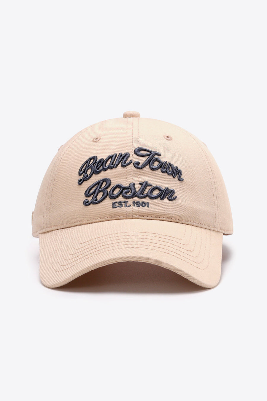 Tan baseball cap with embroidered "Bean Town Boston EST. 1901" text.