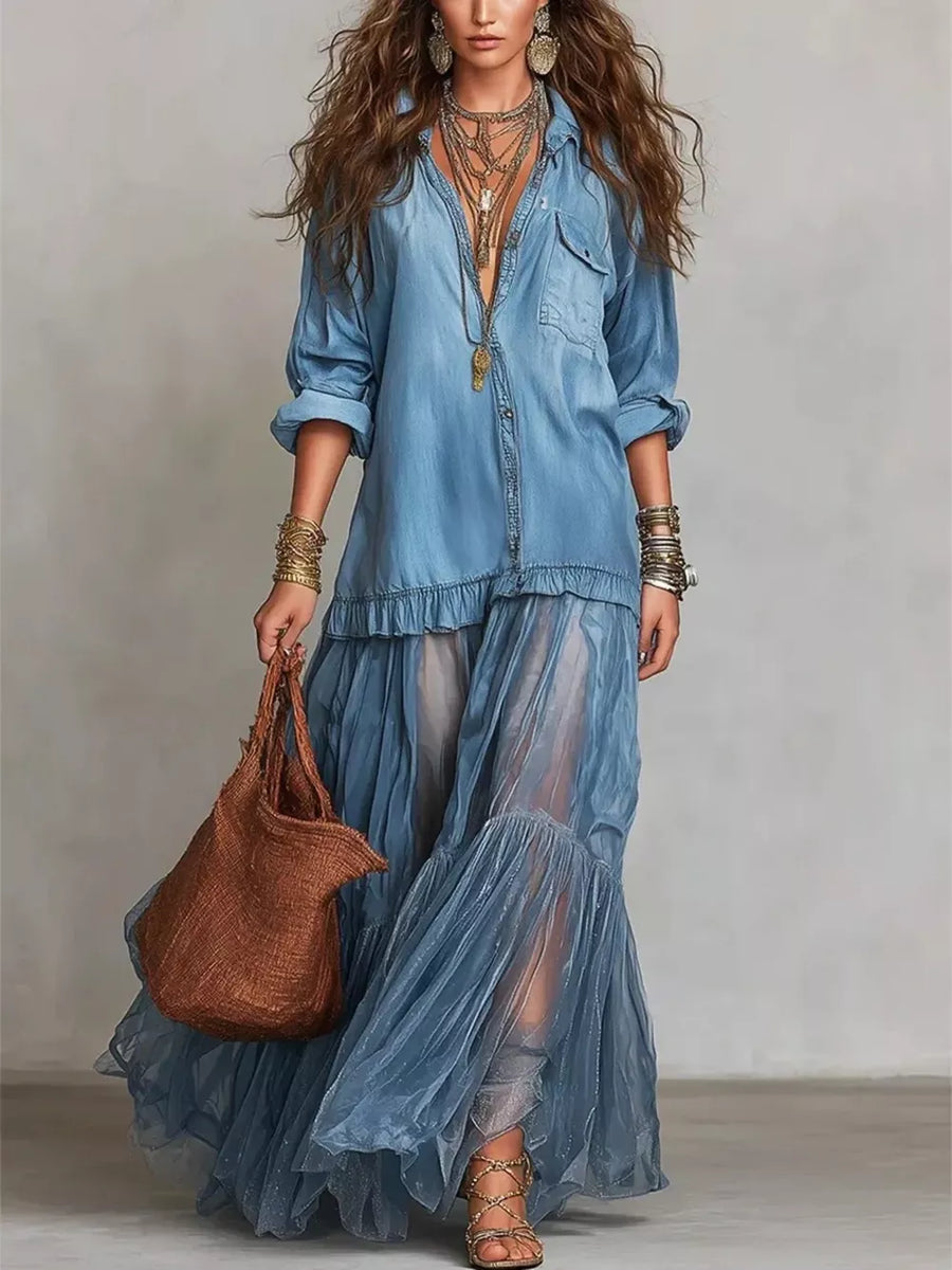 Light blue sheer ruffle maxi dress with buttoned detailing and long sleeves.