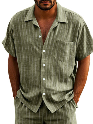 Men's olive green striped cotton camp collar short sleeve shirt with button-down front and chest pocket.