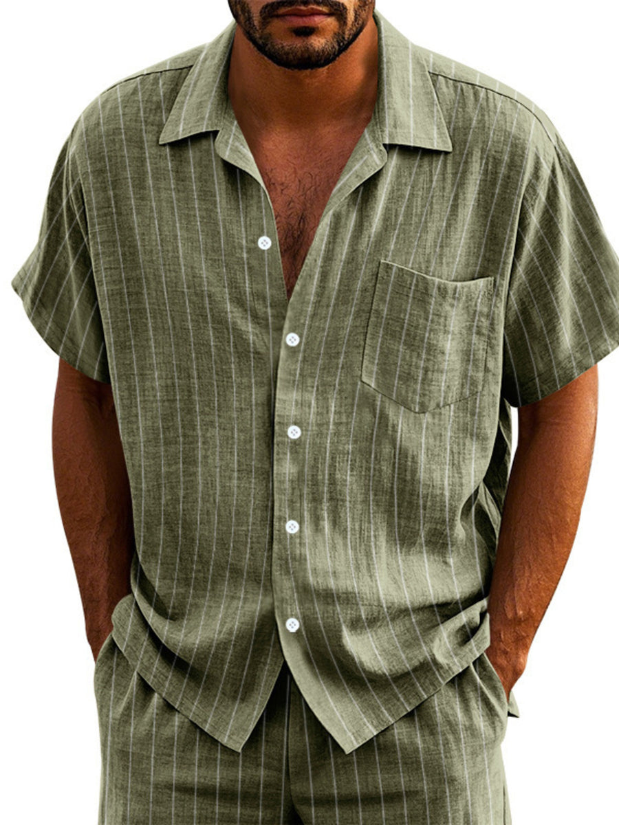 Men's olive green striped cotton camp collar short sleeve shirt with button-down front and chest pocket.