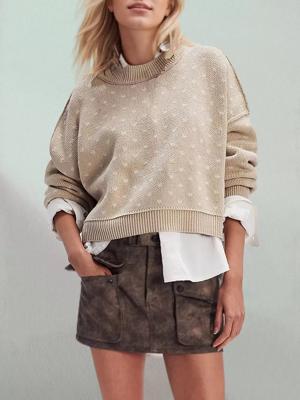light beige pullover sweater with textured knit and crew neck