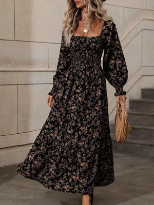 midi dress in fuchsia with ditsy floral and smocked