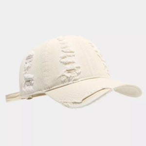 Distressed Cotton Baseball Cap in Beige with distressed