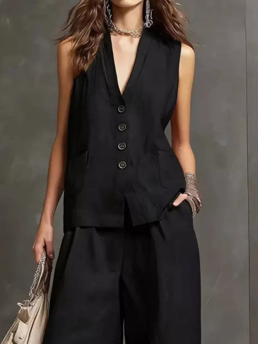 Sleeveless Buttoned Vest And Wide-leg Pants Set in Light Blue