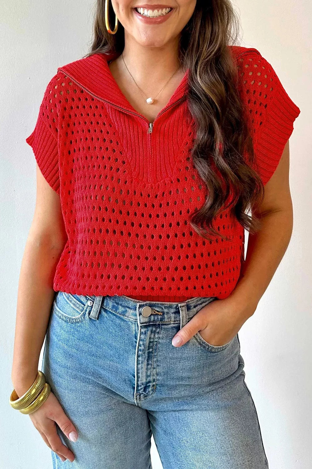 Openwork Quarter-zip Knit Top option 3
