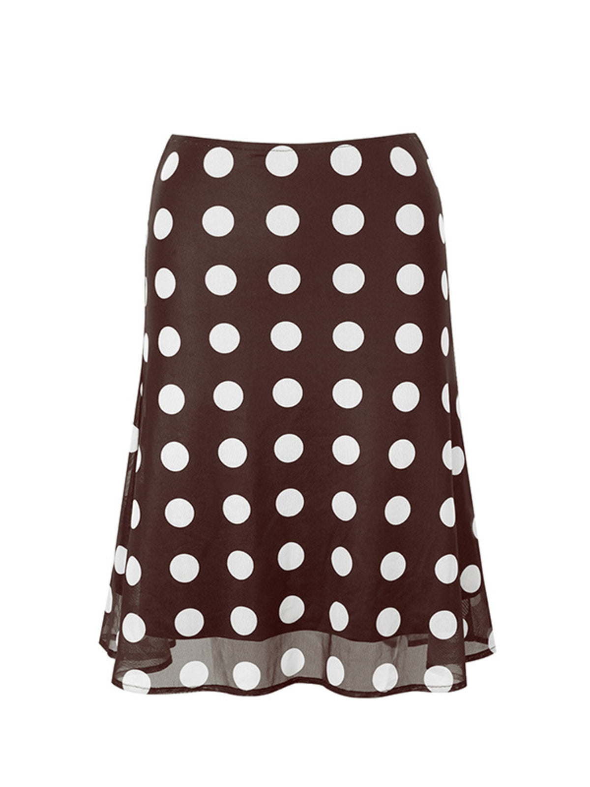 A-line mesh polka dot skirt in brown with white dots, polyester, midi length.