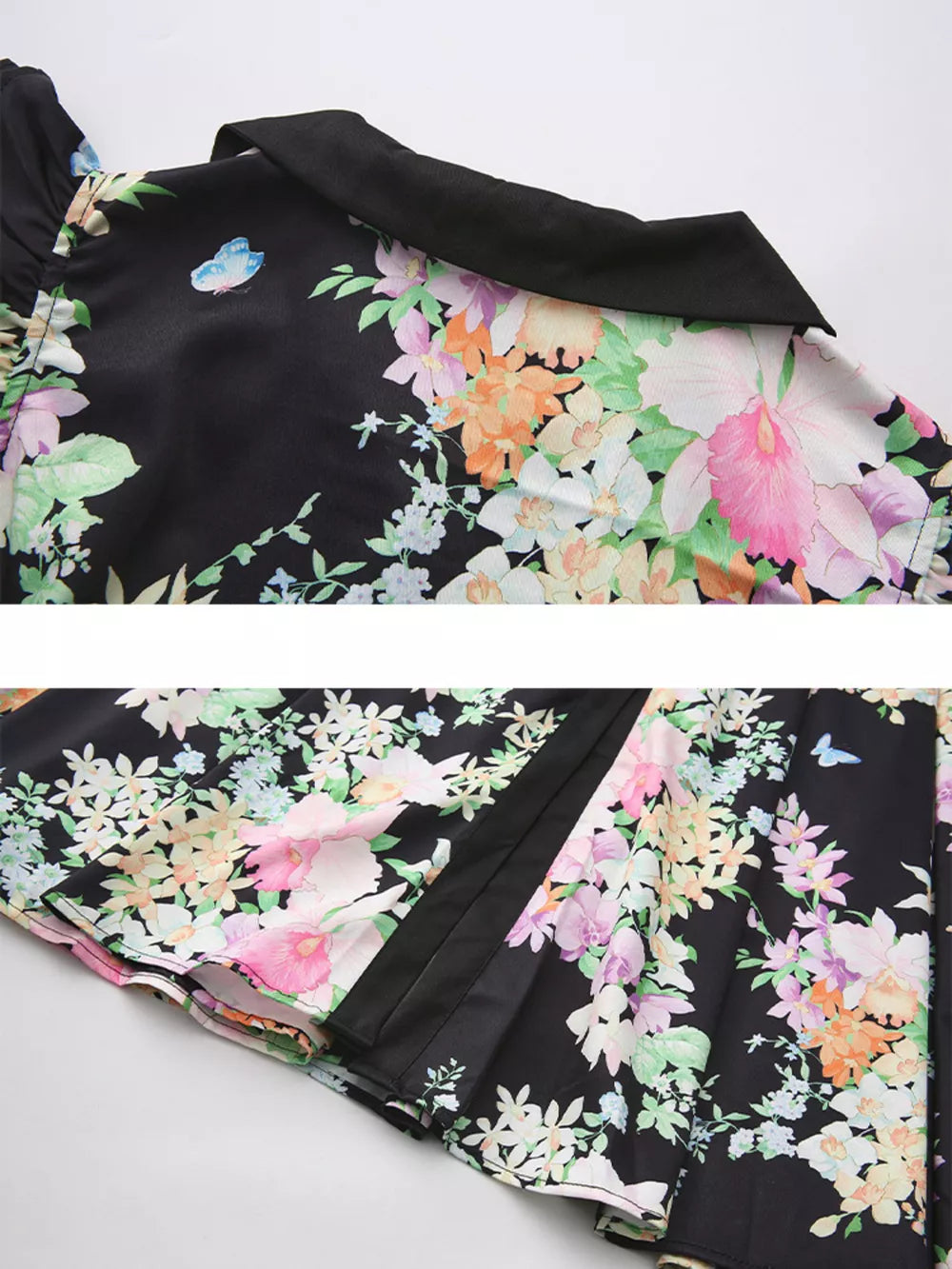 Black floral midi dress with ruffle sleeves and collar detail.