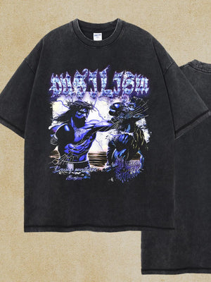Black half sleeve t-shirt with graphic print of Jesus fighting a beast.