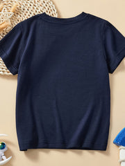 Children's dark navy crew-neck short-sleeve t-shirt with dinosaur print