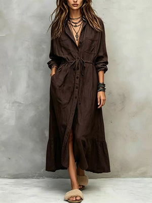 Full Size Button Front Long Sleeve Shirt Dress Plus Size in Black