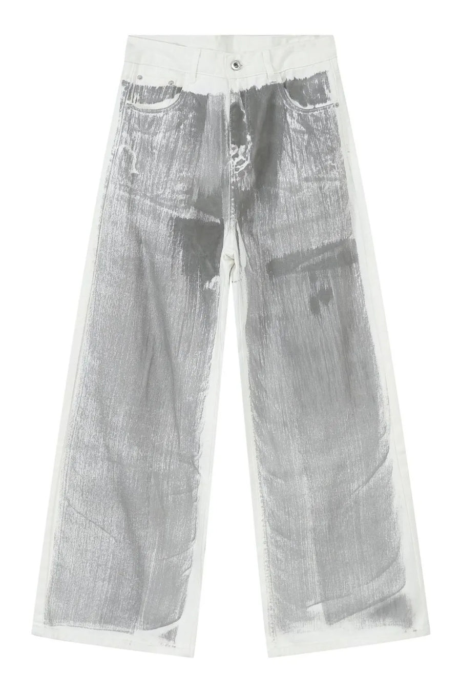 Metallic panel wide leg trousers in light with a brushstroke pattern.