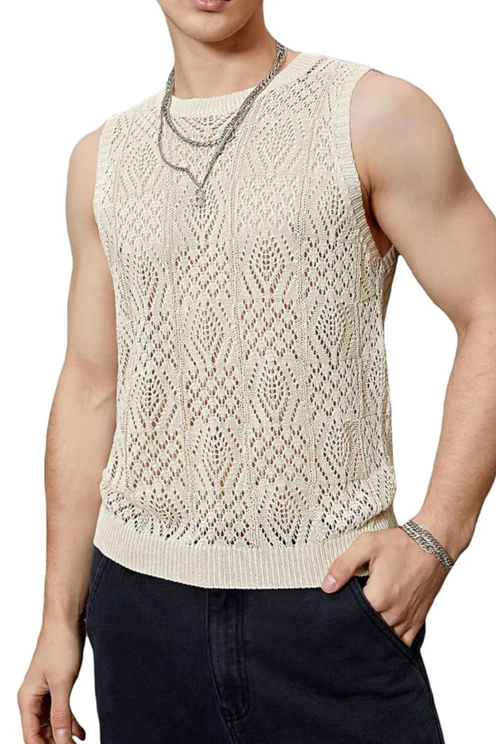 Beige mesh knit muscle tee with diamond pattern and crew neck.