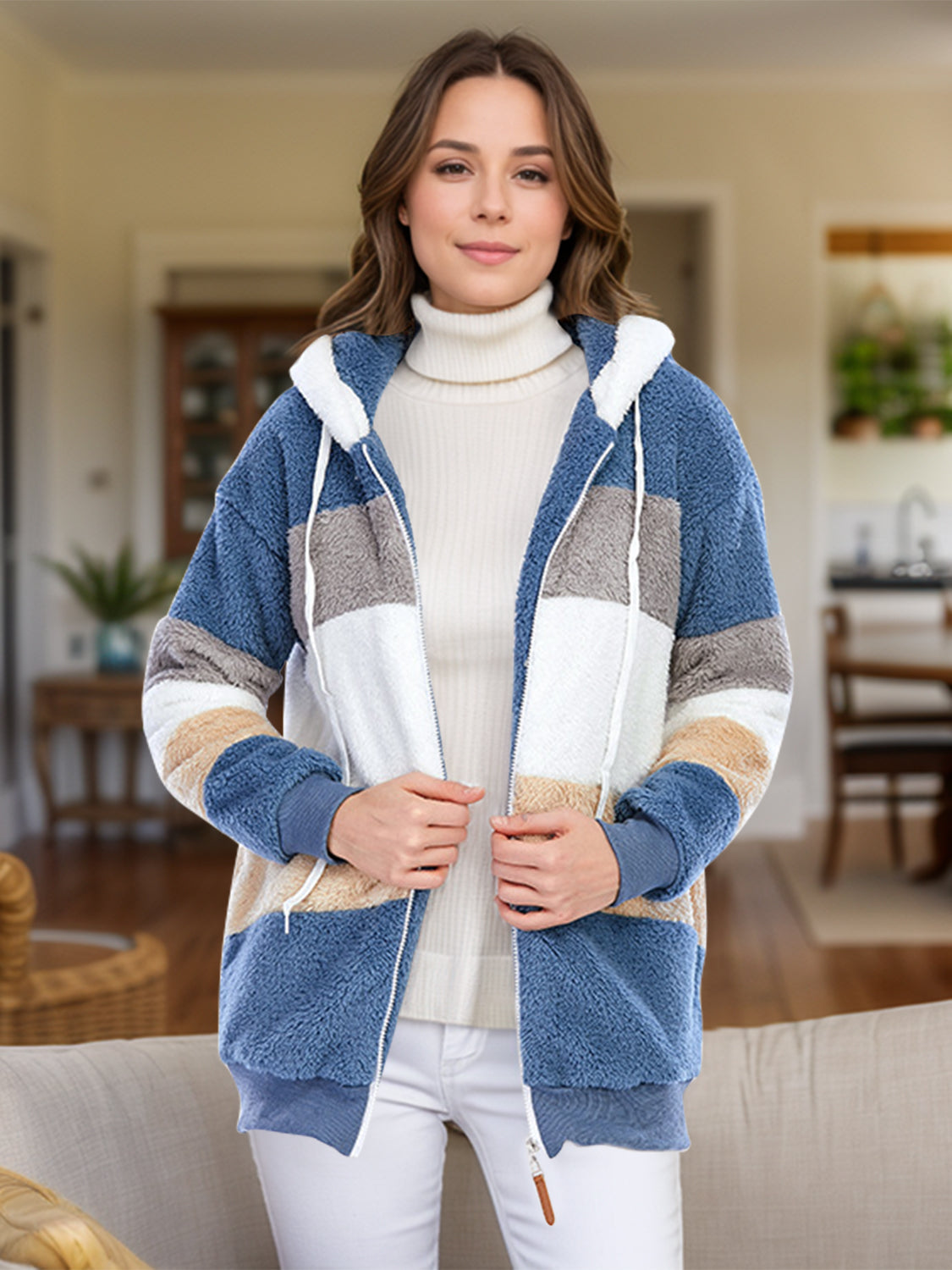 Teddy fleece zip-up hoodie jacket with color blocks in dusty blue, white, taupe, and tan.