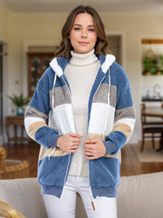 Teddy fleece zip-up hoodie jacket with color blocks in dusty blue, white, taupe, and tan.