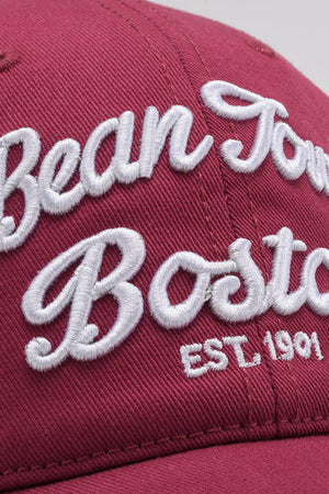 Deep Red baseball cap with white embroidered "Bean Town Boston EST 1901" text