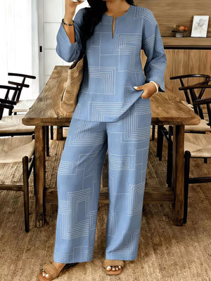Blue geometric print linen blend lounge set with V-neck top and wide-leg pants