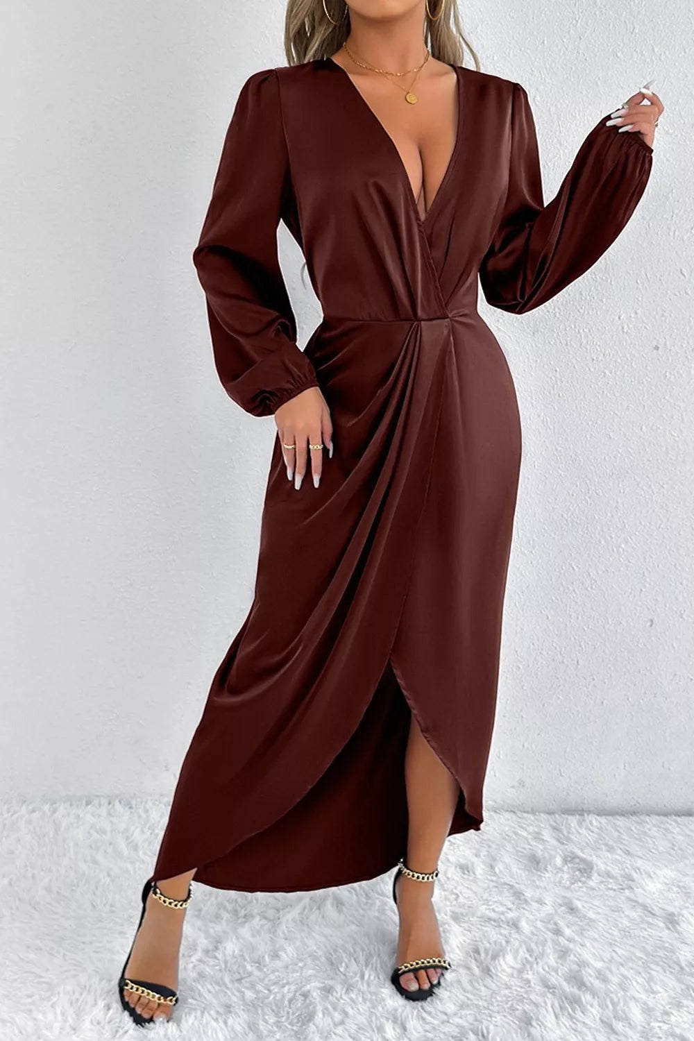 Moss A-line midi dress with deep v-neck