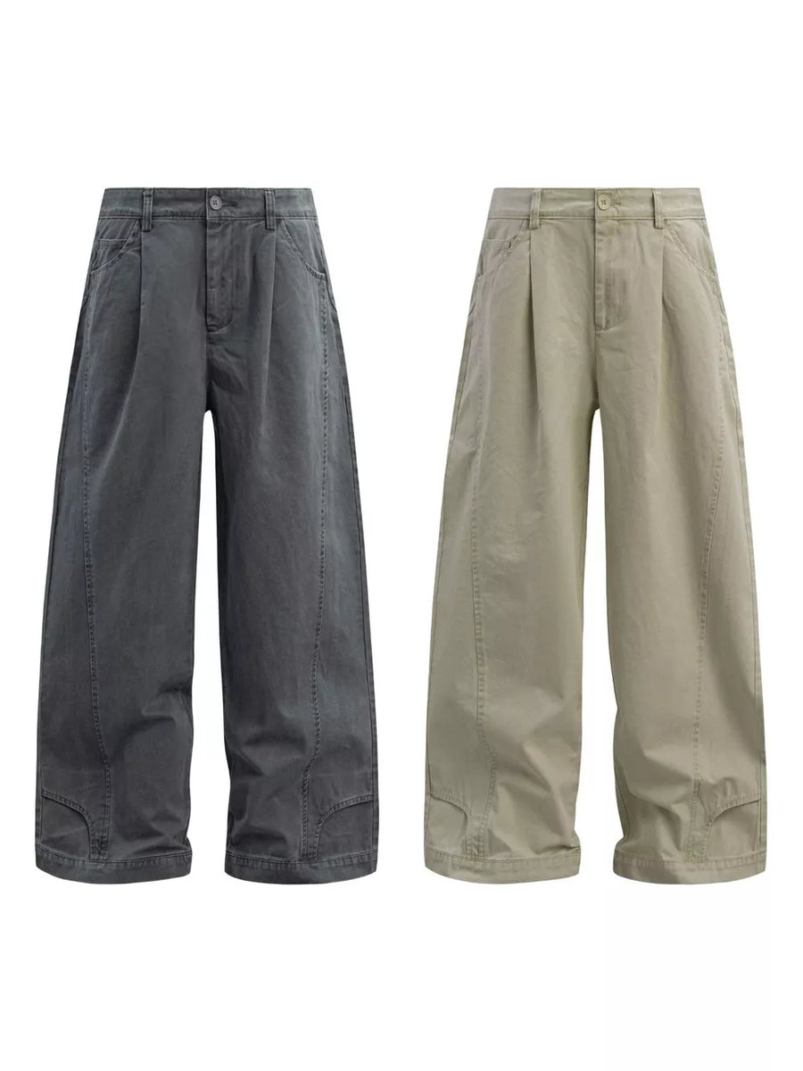 Cotton wide-leg sweatpants in grey and khaki with button closure and belt loops.