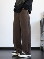 Men's vintage washed wide leg sweatpants in dark coffee, baggy fit, casual style.