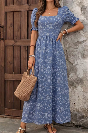 Blue floral embroidered maxi dress with puff sleeves and square neckline