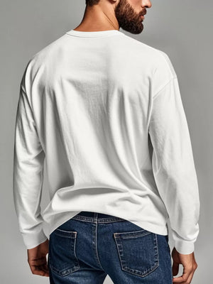 White long sleeve henley t-shirt with crew neck, shown from the back.