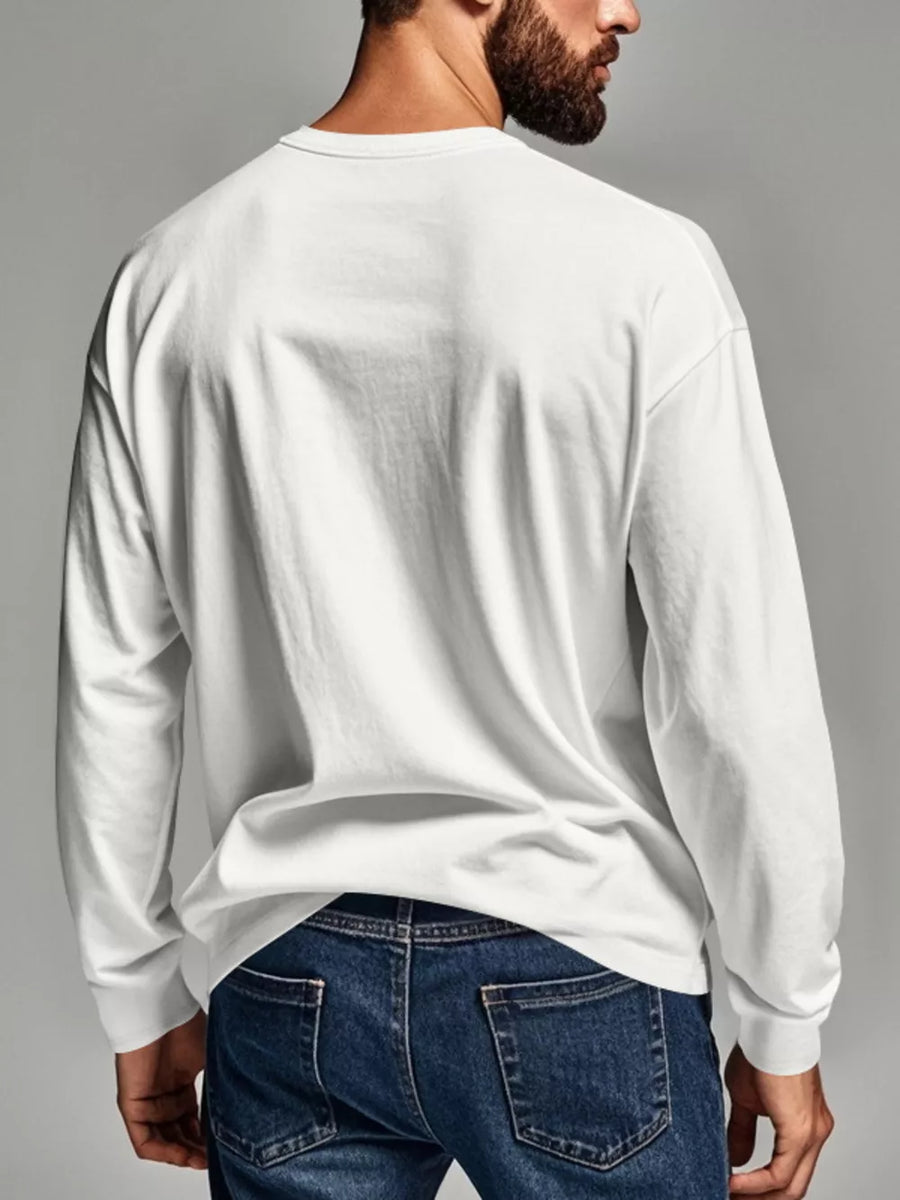White long sleeve henley t-shirt with crew neck, shown from the back.