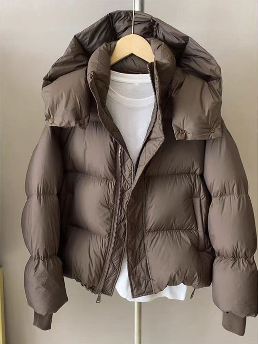 puffer jacket in Coffee with thermal and hip-length